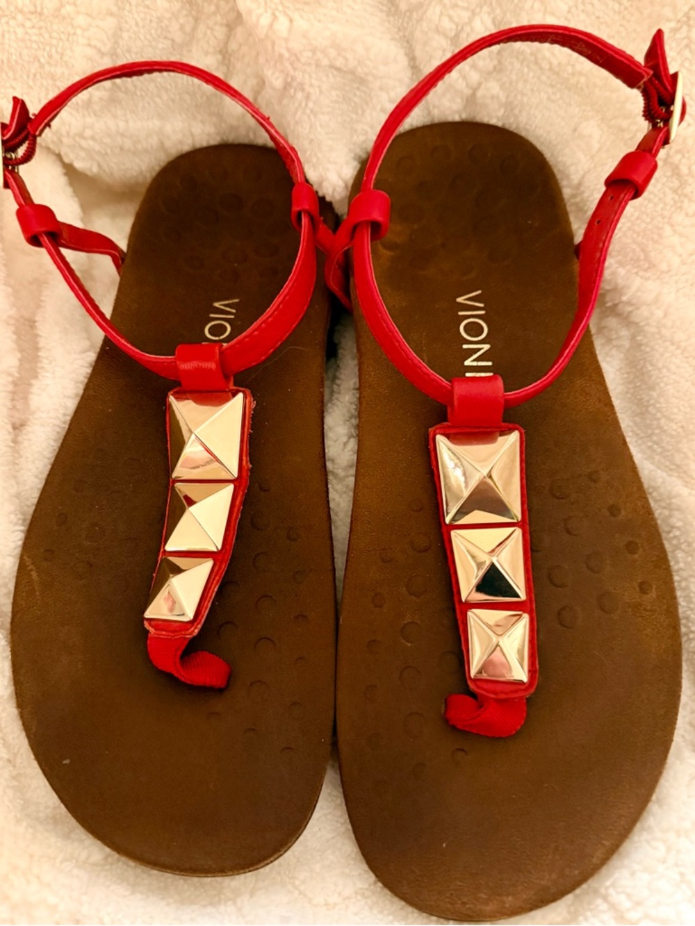 VIONIC 'Rest Nala' Women’s Leather Thong Sandals w/Embellishments Sz 8 Red/Gold